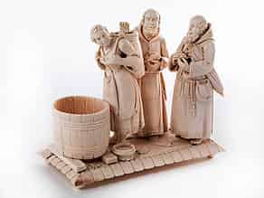 Detailabbildung:  Elfenbein-Figurengruppe „Mönche bei der Weinlese 