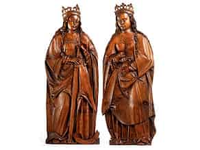Detail images:  Paar Reliefschnitzfiguren der Heiligen Katharina und Heiligen Barbara