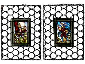 Detailabbildung:  Paar Bleiglasbilder in rahmender Butzenscheibenverglasung