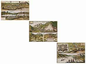 Detail images:  Satz von drei gerahmten Doppelbögen mit landschaftlichen Stichdarstellungen von Georg Hufnagel, datiert „1590“
