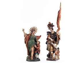 Detailabbildung:  Paar Schnitzfiguren des Heiligen Florian und des Schutzengels Raffael