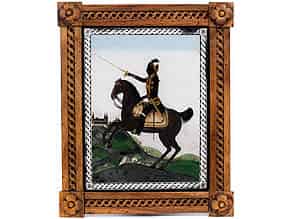 Detailabbildung:  Äußerst seltenes und historisch bedeutendes Hinterglasbild mit Reiterdarstellung des Erzherzogs Karl von Österreich (1771 - 1847) vor Würzburger Silhouette