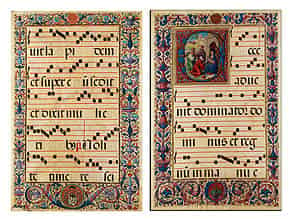 Detail images:  Paar Antiphonar-Blätter mit reicher Buchmalerei