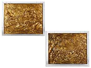Detailabbildung:  Paar vergoldete Kupfer-Relieftreibarbeiten mit neutestamentlichen Darstellungen