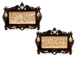 Detail images:  Paar vielfigurige Reliefs in Bein im geschnitzten Eichenholzrahmen