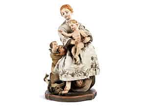 Detail images:  Figurengruppe der Maria mit Kind, mit Brokatstoff bekleidet