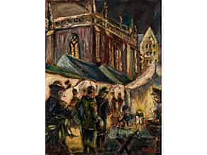 Detailabbildung:   Kleines Ölgemälde mit Darstellung eines Weihnachtsmarktes mit Buden und Verkaufsständen vor nächtlich erleuchtetem, gotischem Kirchengebäude