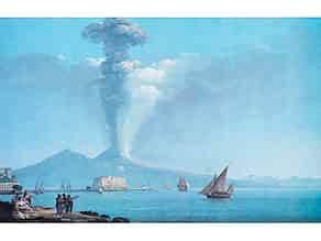 Detailabbildung:   Farbdruck mit Darstellung einer Neapelansicht mit rauchendem Vesuv