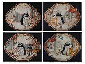 Detailabbildung:   Satz von vier auf Pergament gemalten Heiligendarstellungen, die im Zusammenhang mit dem Augustiner- bzw. dem Dominikanerorden stehen