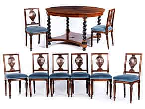 Detailabbildung:   Tischensemble: runder Biedermeier-Tisch und ein Satz von acht Louis XVI-Stühlen