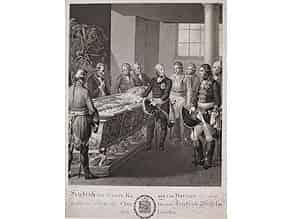 Detailabbildung:   Friedrich der Große, König von Preußen, an dem geöffneten Sarg des Churfürsten Friedrich Wilhelm des Großen