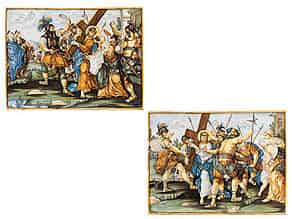 Detailabbildung:   Paar Majolika-Bildplatten mit Kreuzwegdarstellungen