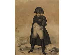 Detailabbildung:   Napoleon in Uniform auf einem Hügel, darunter Schlachtenwiedergabe