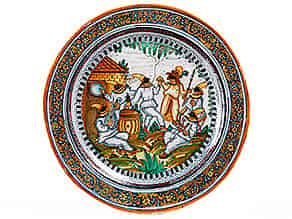 Detail images:   Großer Majolika-Teller mit Pulcinelle-Dekor