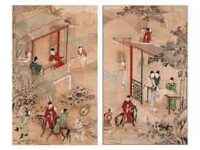 Detailabbildung:   Paar chinesische Malereien auf Reispapier 
