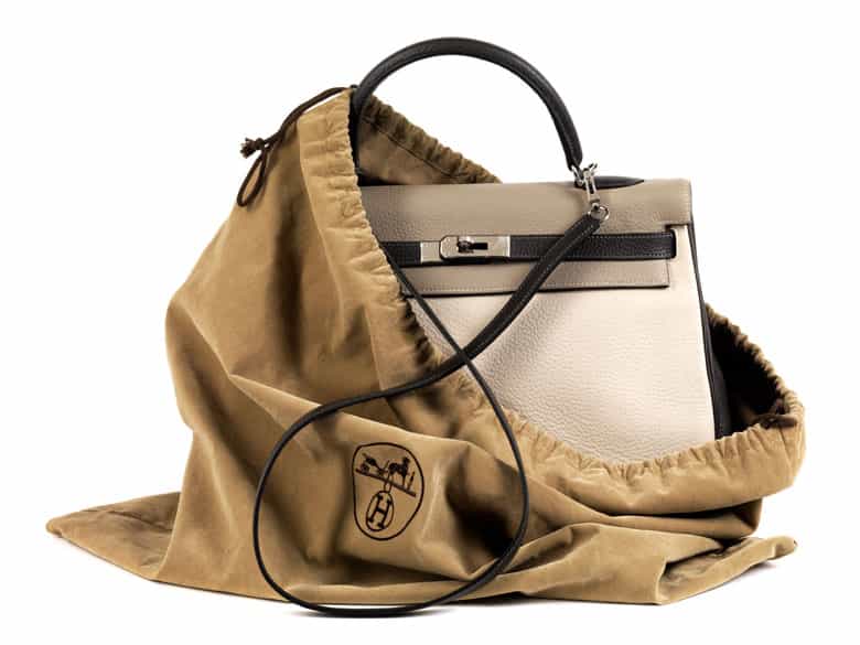 Detailabbildung: † Hermès Kelly Bag 35 cm Special Order „Gris Tourterelle, Graphite & Craie“