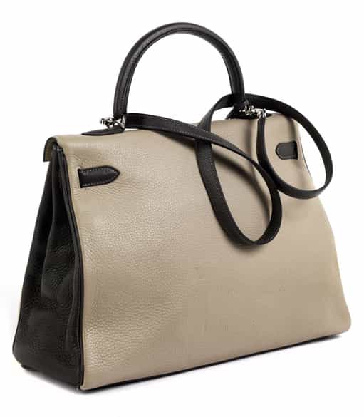 Detailabbildung: † Hermès Kelly Bag 35 cm Special Order „Gris Tourterelle, Graphite & Craie“