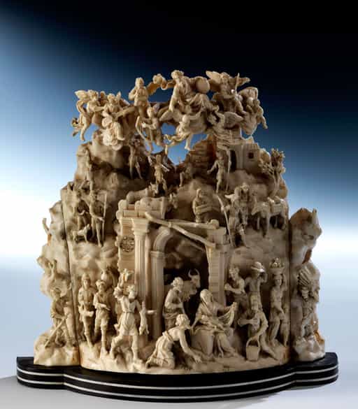 Detailabbildung: Bedeutender, musealer Altarschrein mit Schnitzgruppe von Leonard van der Vinne, tätig in Florenz im Kreis der Werkstatt von Granducali, zwischen 1659 und 1713