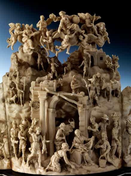 Detailabbildung: Bedeutender, musealer Altarschrein mit Schnitzgruppe von Leonard van der Vinne, tätig in Florenz im Kreis der Werkstatt von Granducali, zwischen 1659 und 1713