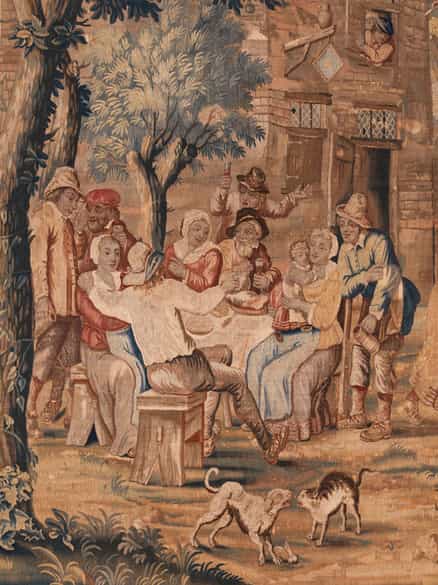 Detailabbildung: Großer, Brüsseler Teniers-Bildteppich mit Kermesse-Szenerie, Pieter und Jan-Frans van der Borcht, zug.