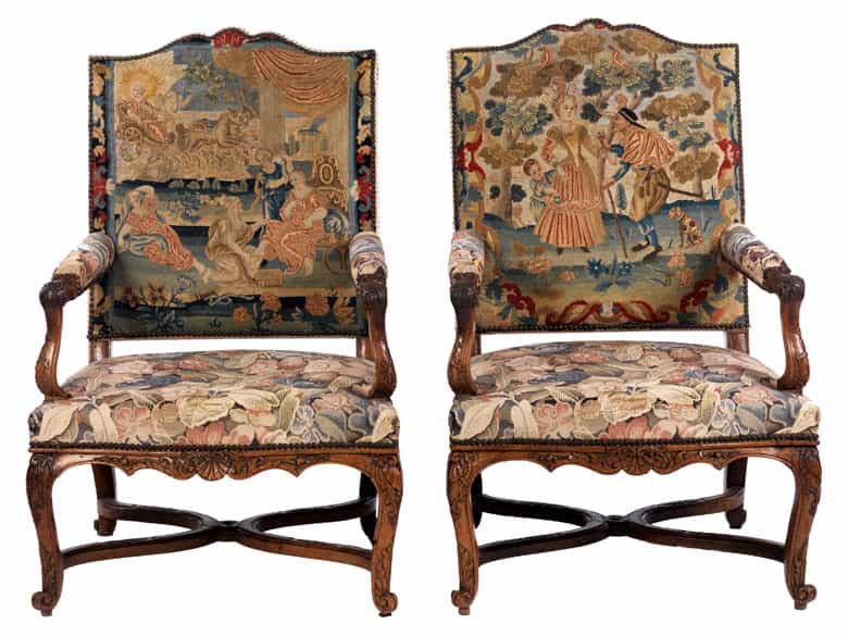 Detailabbildung: Paar elegante Régence-Armlehnsessel mit Gobelinbezügen