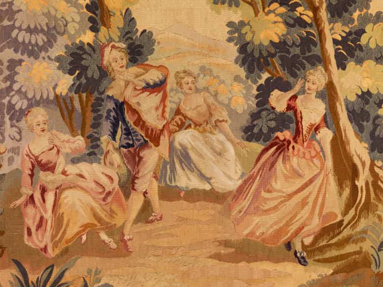 Detailabbildung: Wandteppich mit Darstellung einer höfischen Gesellschaft im Park