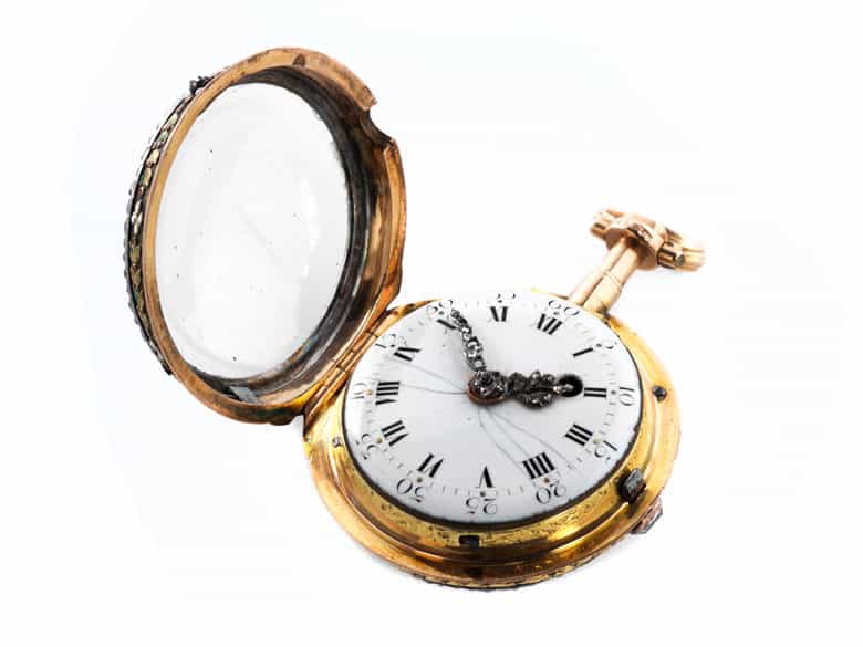 Detailabbildung: Feine goldene Stundenrepetitions-Spindeluhr mit Diamantbesatz