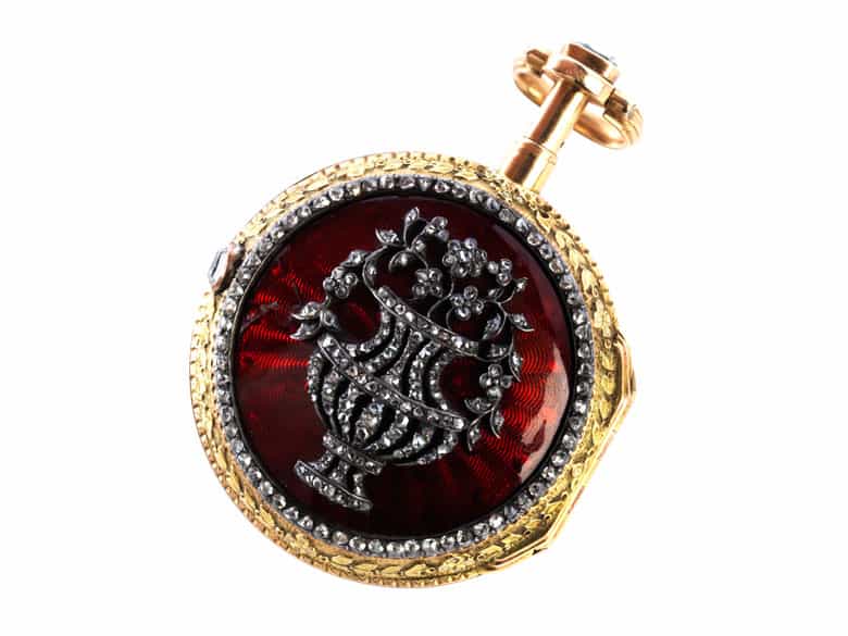 Detailabbildung: Feine goldene Stundenrepetitions-Spindeluhr mit Diamantbesatz