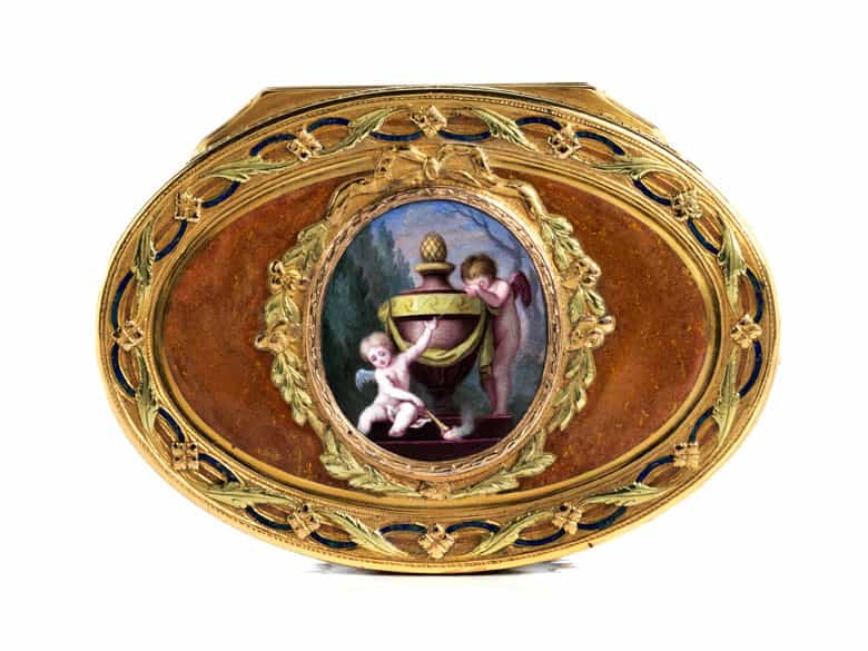 Detailabbildung: Museale außerordentlich elegante und qualitätsvolle Golddose „En trois couleurs“