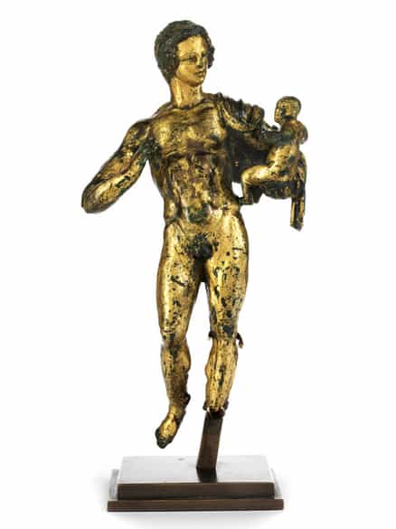 Detailabbildung: Museale, vergoldete Bronzestatuette eines „Hermes Dionysophoros”