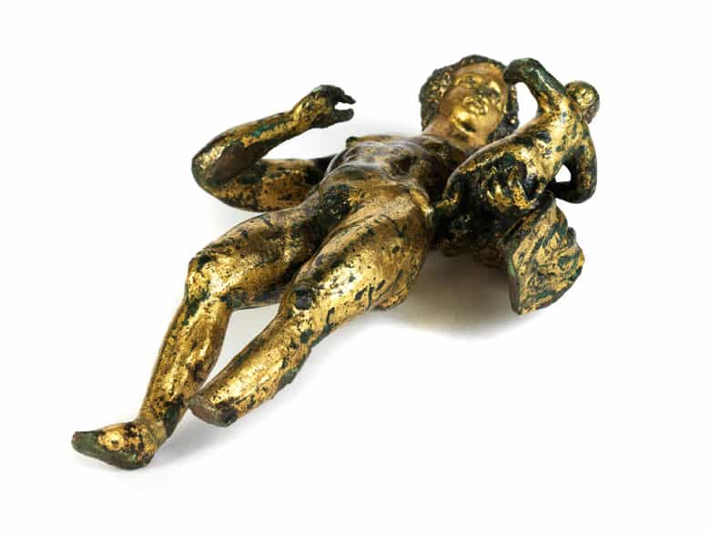 Detailabbildung: Museale, vergoldete Bronzestatuette eines „Hermes Dionysophoros”