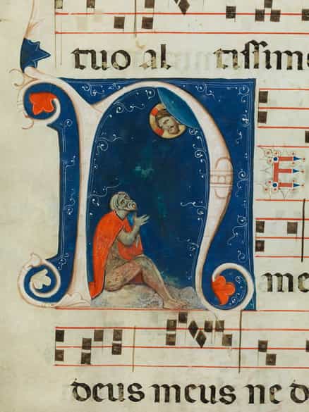 Detailabbildung: Seite eines Antiphonars mit Buchmalerei in der großen Iniziale