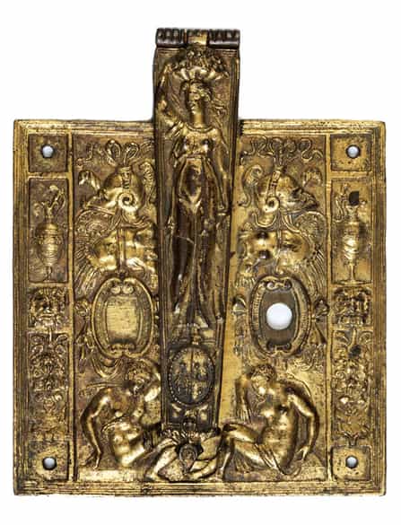 Detailabbildung: Musealer vergoldeter Kasten-Schlossbeschlag mit Schlempe