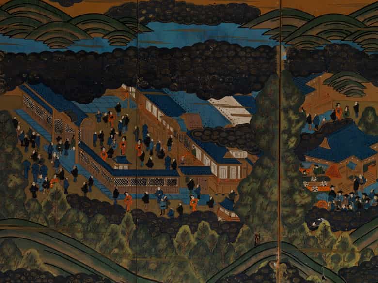 Detailabbildung: Großes Wandschirmpanel mit Darstellung des Palastes von Kyoto