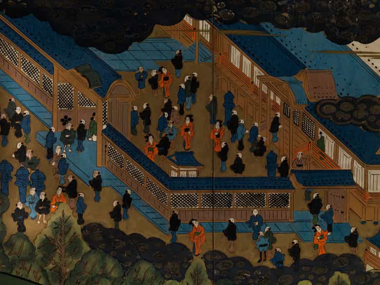Detailabbildung: Großes Wandschirmpanel mit Darstellung des Palastes von Kyoto