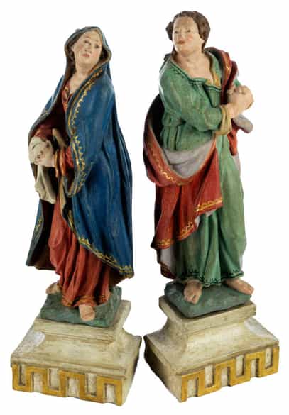 Detailabbildung: Paar Schnitzfiguren: Maria und Johannes als Assistenzfiguren einer Kreuzgruppe aus dem Bildhauerkreis der Familie Schwanthaler