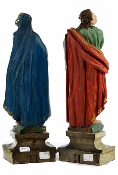 Detailabbildung: Paar Schnitzfiguren: Maria und Johannes als Assistenzfiguren einer Kreuzgruppe aus dem Bildhauerkreis der Familie Schwanthaler