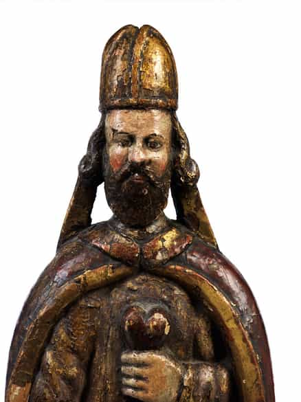 Detailabbildung: Geschnitzte Standfigur eines Heiligen Bischofs oder Kirchenheiligen