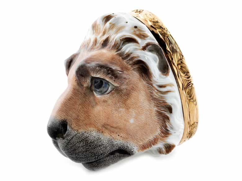 Detailabbildung: Porzellandose in Form eines Löwenkopfes