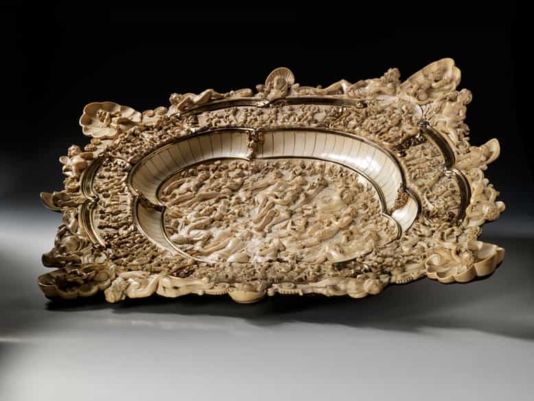 Detailabbildung: Prachtvolle große Schauplatte in Elfenbein mit vergoldeten Silberapplikationen