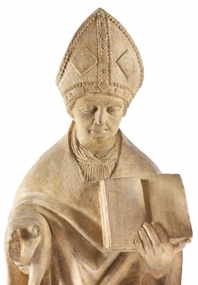 Detailabbildung: Zwei rundplastische Steinfiguren Heiliger Bischöfe