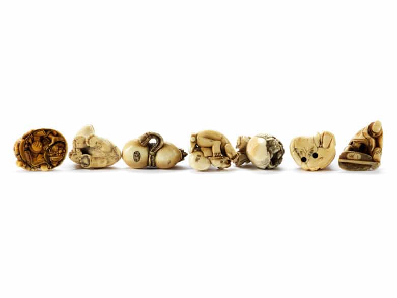 Detailabbildung: Sammlung von sieben hochwertigen Netsuke in Elfenbein