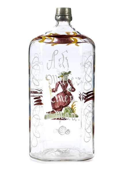 Detailabbildung: Große Achtkantflasche mit Emailmalerei und Zinnschraubverschluss