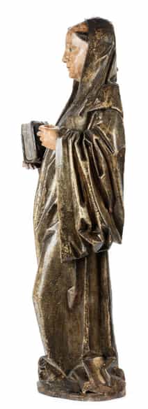 Detailabbildung: Schnitzfigur eines heiligen Mönchs (möglicherweise St. Benedikt)