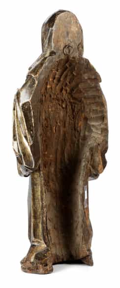 Detailabbildung: Schnitzfigur eines heiligen Mönchs (möglicherweise St. Benedikt)
