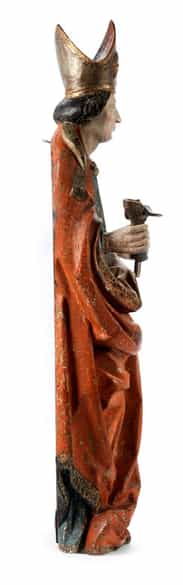 Detailabbildung: Gotische Schnitzfigur des Heiligen Eligius, Schutzpatron der Schmiede