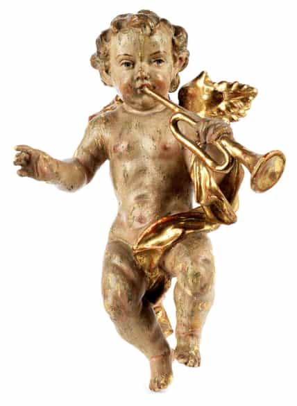 Detailabbildung: Paar geschnitzte Barockengelchen mit Blasinstrumenten