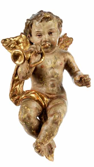 Detailabbildung: Paar geschnitzte Barockengelchen mit Blasinstrumenten