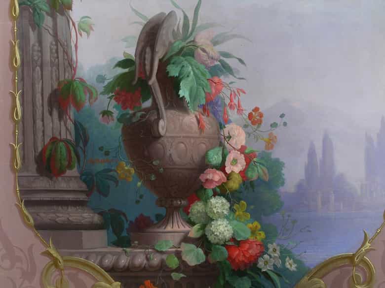 Detailabbildung: Paar wandgroße Dekorationsgemälde mit Landschafts- und Blumendarstellungen