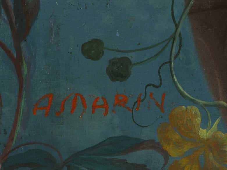 Detailabbildung: Paar wandgroße Dekorationsgemälde mit Landschafts- und Blumendarstellungen